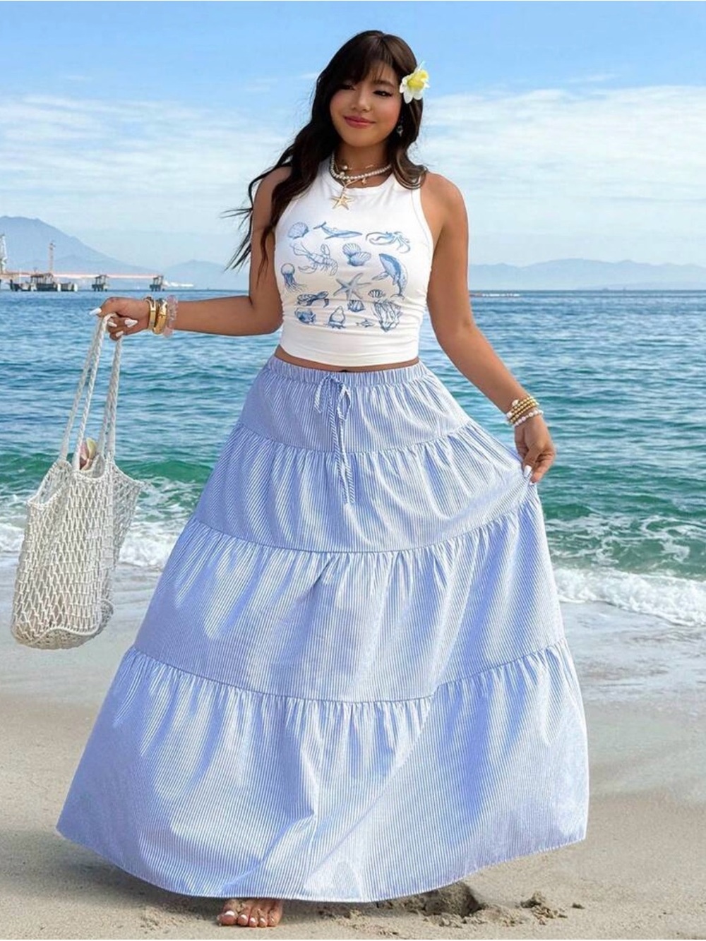 New Arrivals! 2PC. Light Blue Tiered Maxi Skirt With Tee Shirt.